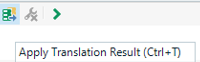 Trados Studio interface showing a tooltip for the 'Apply Translation Result' button with the shortcut 'Ctrl+T' displayed.