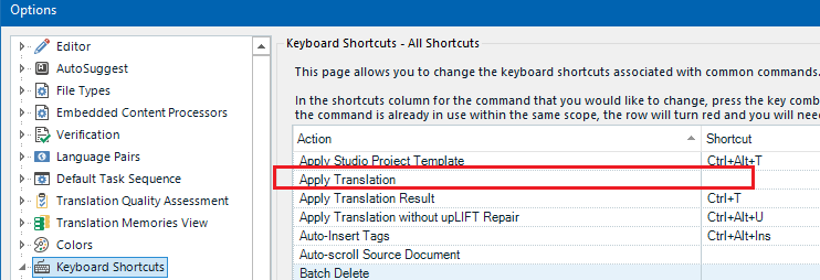 Trados Studio Options menu with Keyboard Shortcuts tab open, showing 'Apply Translation' selected with no shortcut assigned.