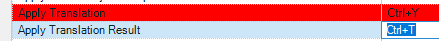Error message in Trados Studio indicating a conflict, with 'Apply Translation' highlighted in red and 'Ctrl+Y' shortcut causing the issue.