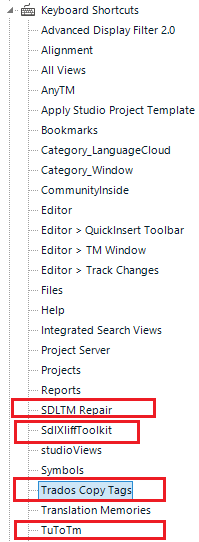 Trados Studio screenshot showing the Keyboard Shortcuts menu with various plugins listed. The 'SdlXliffToolkit', 'Trados Copy Tags', and 'TutoTm' plugins are highlighted.