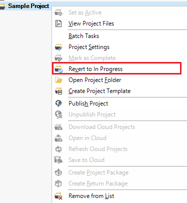Dropdown menu in Trados Studio with 'Revert to In Progress' option highlighted in red.