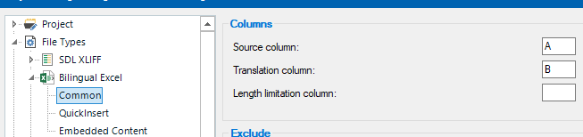 Trados Studio Bilingual Excel file type settings showing Columns with Source column set to A and Translation column set to B.