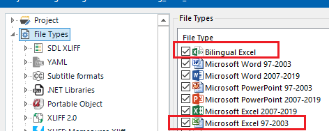 Trados Studio project settings showing File Types with Bilingual Excel file type selected and highlighted in red.