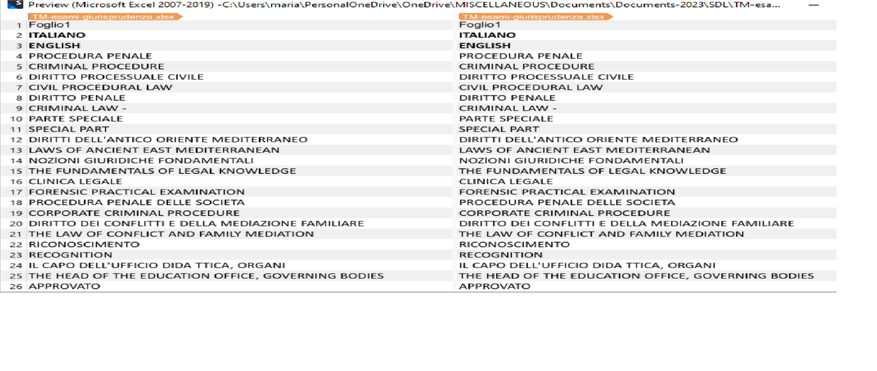 Excel preview of 'TM-esami-giurisprudenza.xlsx' showing a list of legal subjects in Italian and English.