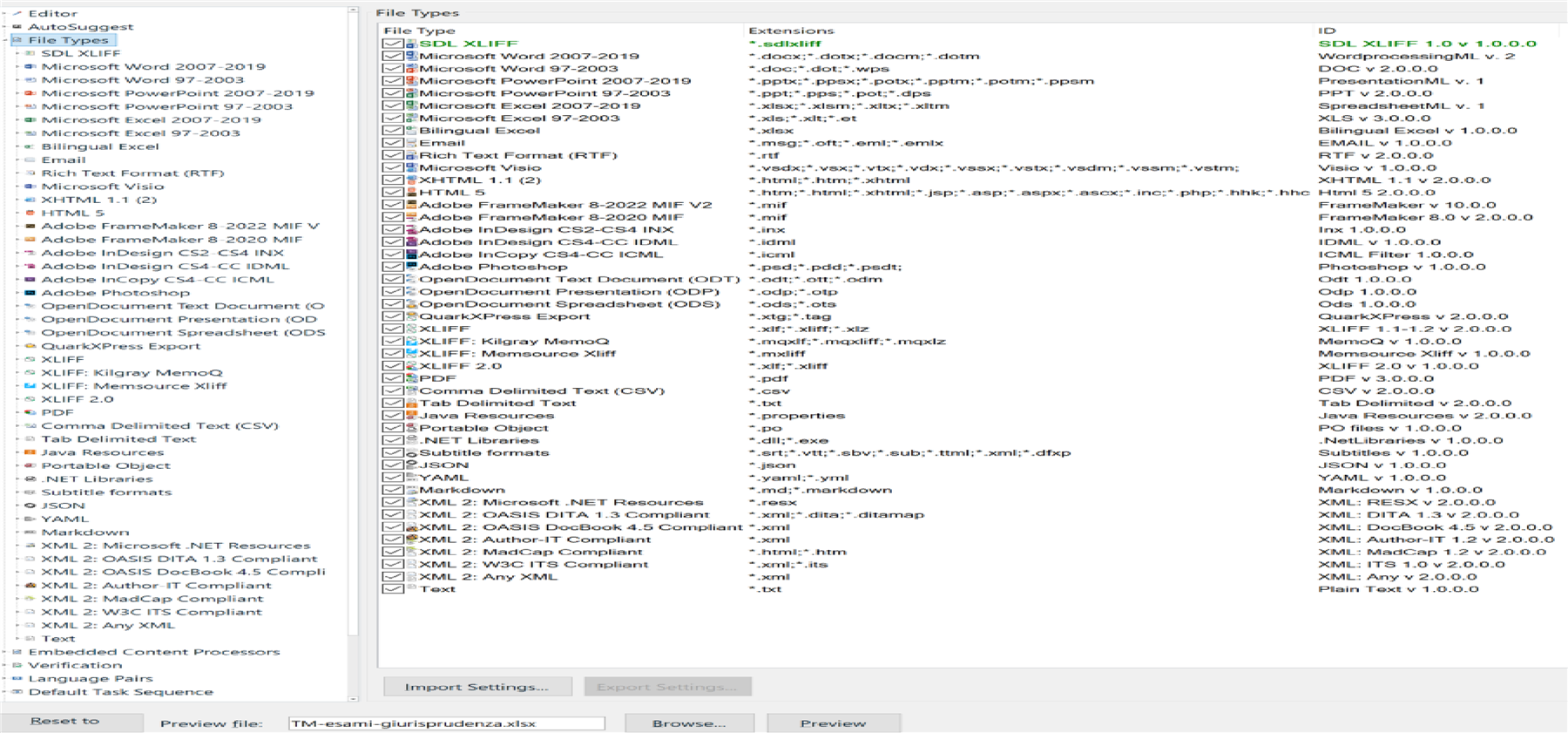 Trados Studio file types settings showing supported file formats like Microsoft Word, Excel, and Adobe InDesign.