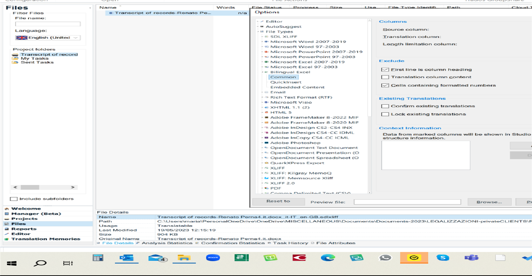 Trados Studio project configuration window with file details for 'Transcript of records-Renato Poma.it.docx'.