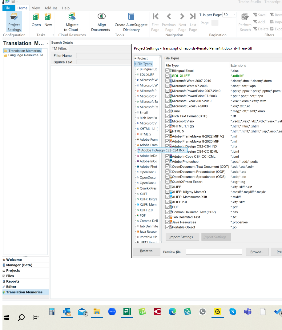 Trados Studio screenshot showing Project Settings with a list of file types and extensions selected, such as 'SDLXLIFF' and 'Microsoft Word 2007-2019'. No visible errors or warnings.