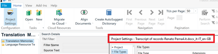 Trados Studio screenshot showing the Translation Memories tab with Project Settings for 'Transcript of records-Renato Perna.it.docx' highlighted.