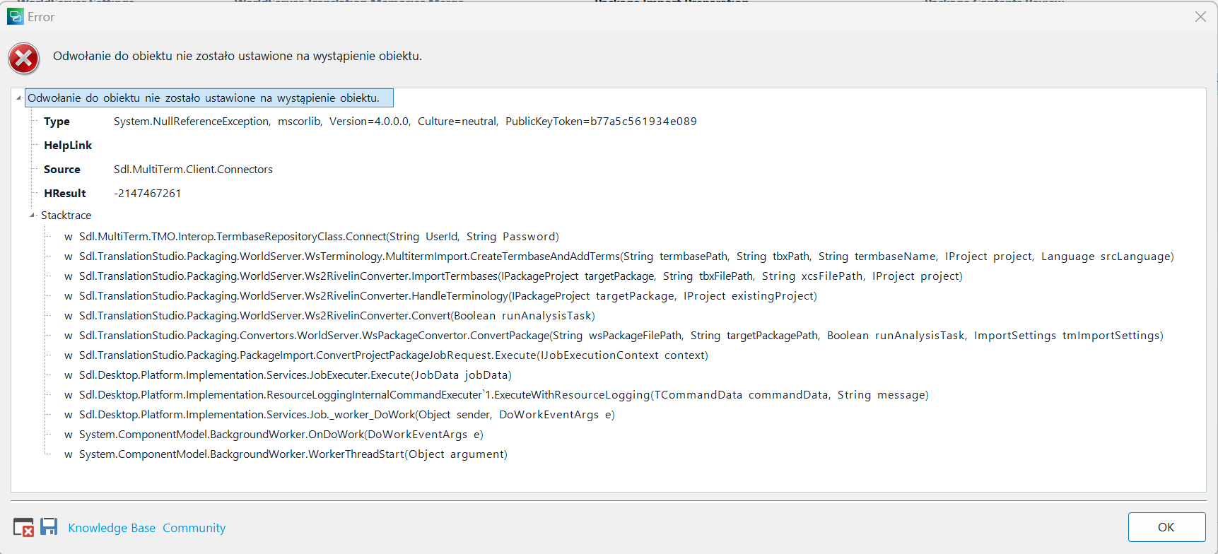 Error message in Trados Studio indicating a 'System.NullReferenceException' with details of the source and stack trace related to World Server package handling.