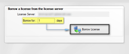 Dialog box to borrow a license from the license server with fields for server address and number of days.