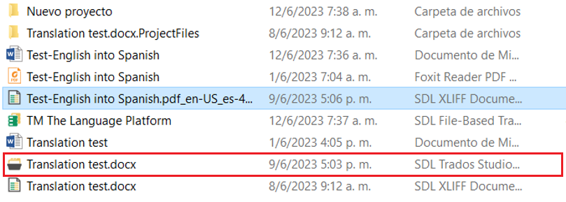 Screenshot of Trados Studio file explorer showing various project files with dates and times. A 'Translation test.docx' file is highlighted with a red box indicating a possible error or selection.