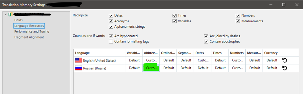 Trados Studio Translation Memory Settings window showing options for recognizing dates, acronyms, alphanumeric strings, times, variables, numbers, and measurements. Custom abbreviation settings for English and Russian are visible but not saved.