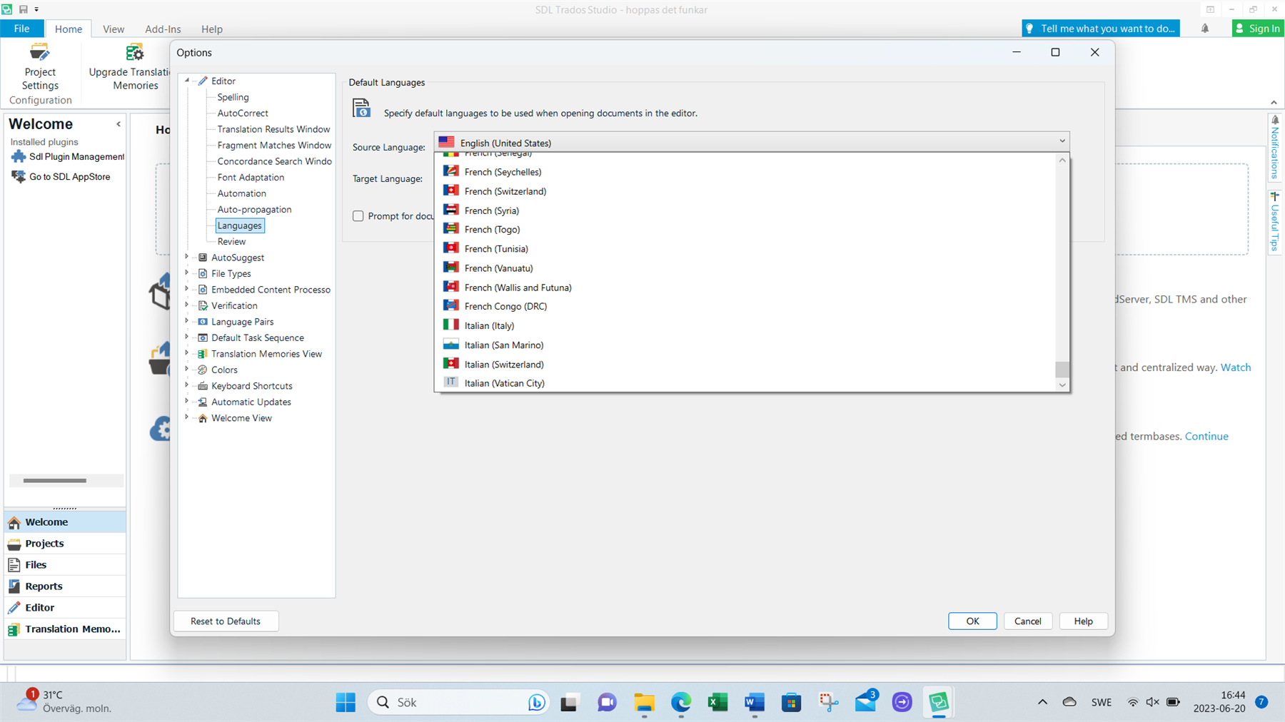 Trados Studio language options window showing a list of languages ending with Italian (Vatican City), indicating missing languages beyond 'I' in the alphabet.