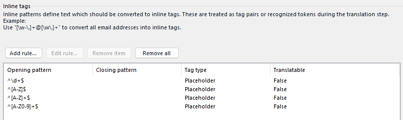 Trados Studio inline tags settings showing patterns to exclude from translation with placeholders marked as non-translatable.