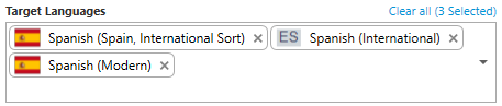 Screenshot showing Trados Studio target languages selection with two Spanish variants, 'Spanish (Spain, International Sort)' and 'Spanish (Modern)' both with the same flag icon.