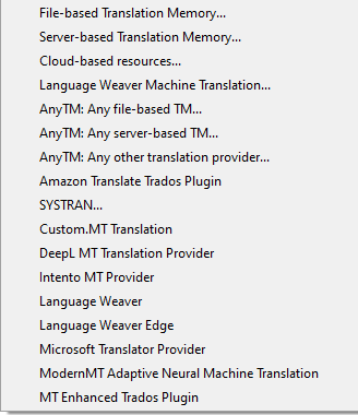 Screenshot of a different Trados Studio list showing available resources including Language Weaver Machine Translation and Microsoft Translator Provider, but lacking coherence with the plugins list.
