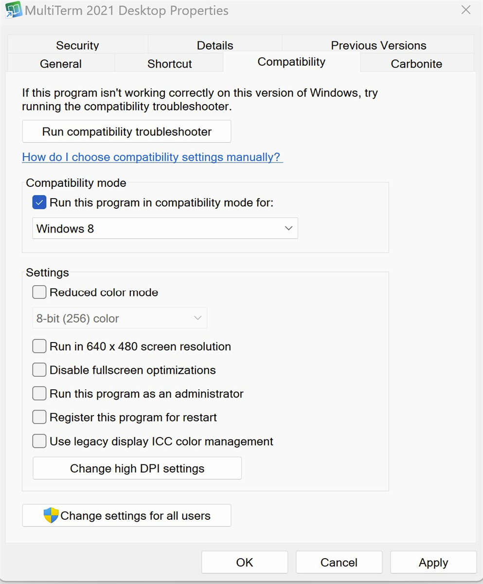 Screenshot of MultiTerm 2021 Desktop Properties window with Compatibility tab selected, showing 'Run this program in compatibility mode for: Windows 8' checked.
