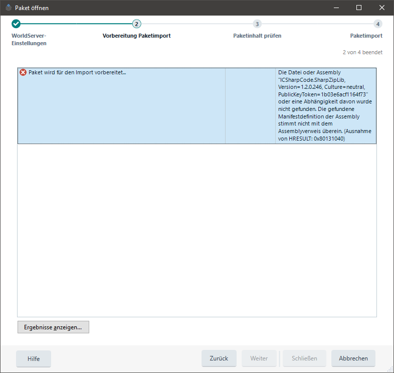 Trados Studio screenshot showing an error message during package import preparation, indicating a missing or incompatible ICSharpCode.SharpZipLib assembly.