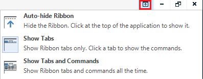 Trados Studio screenshot showing a dropdown menu with options: Auto-hide Ribbon, Show Tabs, and Show Tabs and Commands. The Show Tabs and Commands option is highlighted.