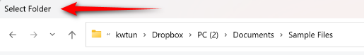 Trados Studio screenshot showing a 'Select Folder' dialog with a red arrow pointing to the button. The file path 'kwutn > Dropbox > PC (2) > Documents > Sample Files' is visible.