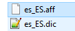 Two files within a folder, named es_ES.aff and es_ES.dic, indicating Spanish language dictionary files for Trados Studio.