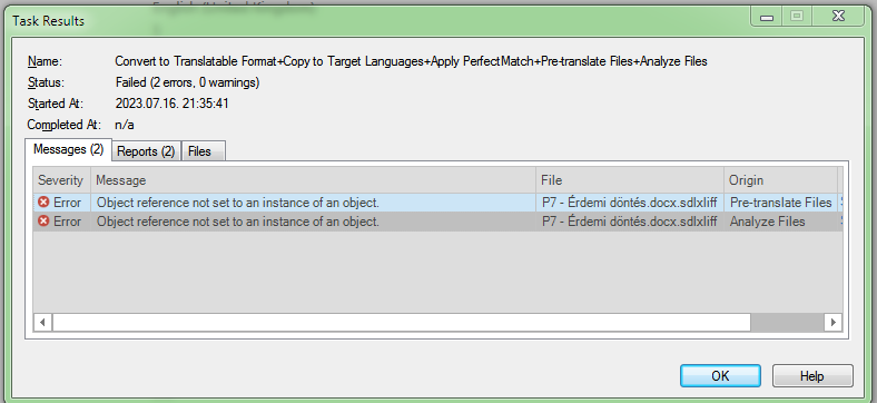 Trados Studio Task Results window showing a failed task with two error messages stating 'Object reference not set to an instance of an object.'