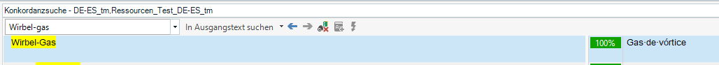Trados Studio concordance search displaying a 100% match for 'Wirbel-Gas' when a hyphen is manually added, with the translation 'Gas-de-vortice' highlighted.
