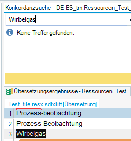 Trados Studio concordance search showing 'No matches found' for the term 'Wirbelgas' in the DE-ES translation memory.