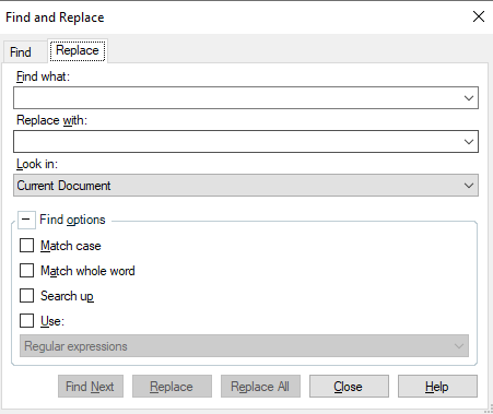 Trados Studio Find and Replace window with tabs for Find and Replace, input fields for 'Find what:' and 'Replace with:', and various search options.