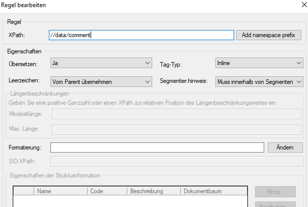 Trados Studio rule editing dialog with XPath set to datacomment, properties set to translate Yes, and tag type Inline.