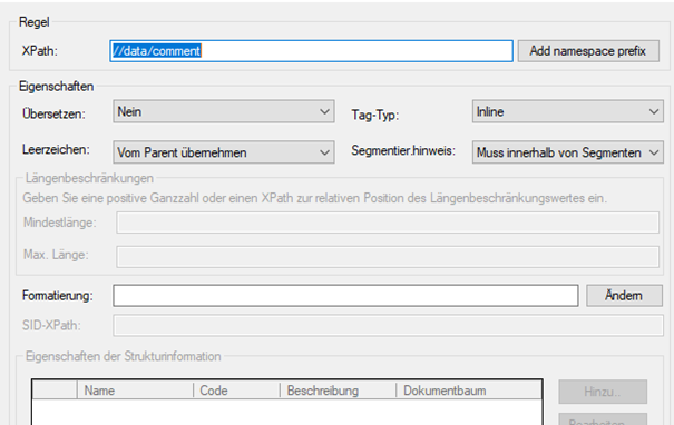 Trados Studio rule editing dialog with XPath set to datacomment, properties set to translate No, and tag type Inline.