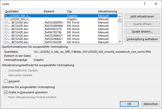 Screenshot of Word's Links dialog box showing target file links with changed file paths, manual update settings, and linked MS Word and graphic elements.