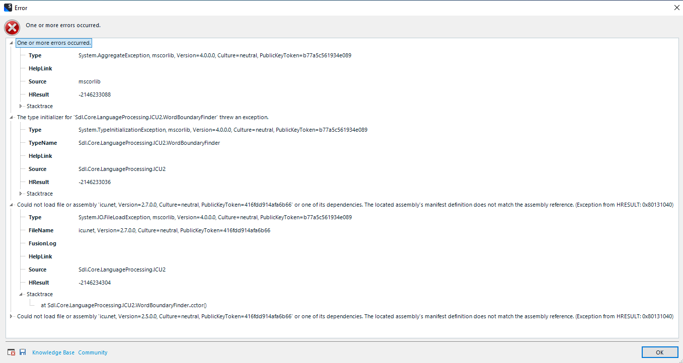 Error dialog in Trados Studio 2022 showing multiple errors occurred. Details include System.AggregateException and System.TypeInitializationException related to Sdl.Core.LanguageProcessing.ICU2.WordBoundaryFinder.