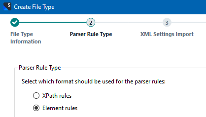 Trados Studio Create File Type window showing step 2 Parser Rule Type with Element rules selected.