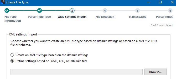 Trados Studio Create File Type window showing step 3 XML Settings Import with option to Define settings based on XML, XSD, or DTD rule file.