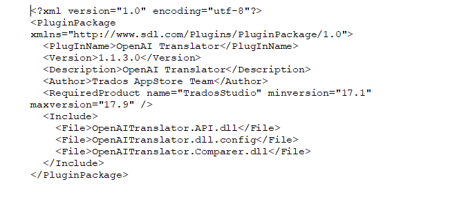 XML code for Trados Studio plugin named OpenAI Translator with version 1.1.3.0, authored by Trados AppStore Team, requiring TradosStudio version 17.1 to 17.9.