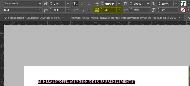 Screenshot of original German idml file in Trados Studio showing text with 'Tracking' value set to 90.