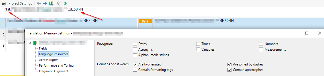 Screenshot of Trados Studio project settings showing Translation Memory Settings with unchecked options for recognizing Dates, Acronyms, and Alphanumeric strings.