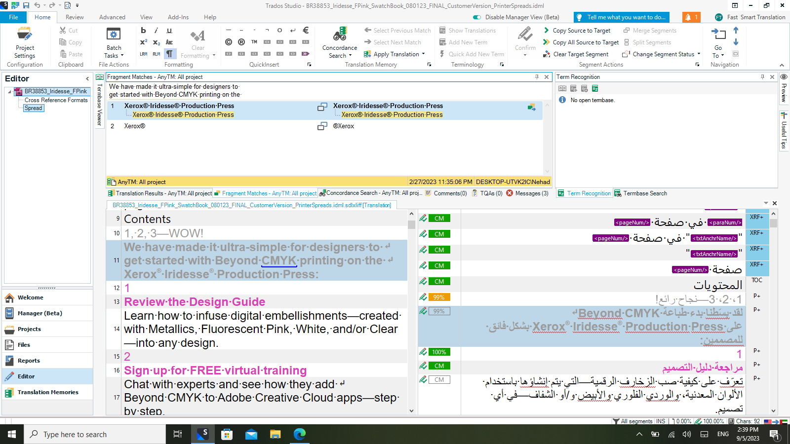 Screenshot of Trados Studio interface showing source column fixed while target column moves with cursor. Translation Memory and Term Recognition panels are visible.
