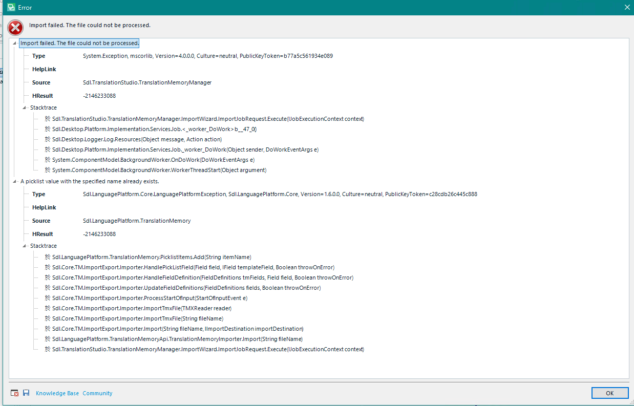 Detailed error log in Trados Studio with multiple entries related to 'Import failed. The file could not be processed' and 'A picklist value with the specified name already exists.'