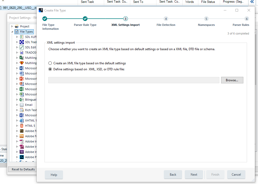 Trados Studio 'Create File Type' window with 'XML Settings Import' step showing an option to define settings based on XML, XSD, or DTD rule file.