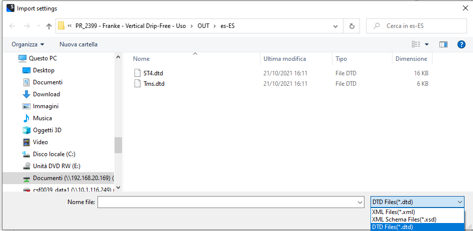 File explorer window titled 'Import settings' displaying two DTD files named 'ST4.dtd' and 'Tms.dtd' with the option to select DTD Files(*.dtd) from a dropdown menu.