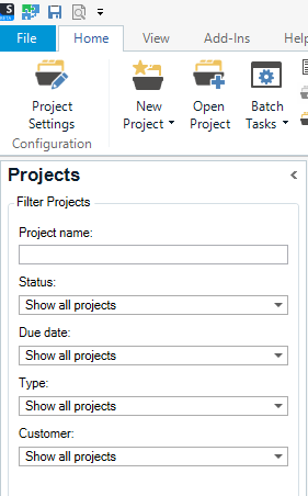 Trados Studio screenshot showing the Projects View with 'Filter Projects' panel. Dropdowns for Status, Due date, Type, and Customer are all set to 'Show all projects'.