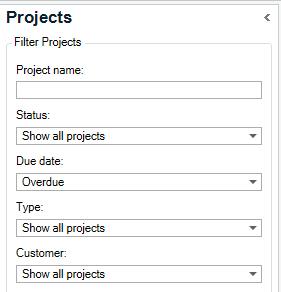 Trados Studio screenshot of 'Filter Projects' panel with 'Status' dropdown changed to 'Overdue', potentially causing some projects to be hidden.