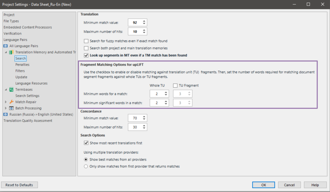 Trados Studio Project Settings window with Fragment Matching Options for upLIFT highlighted, indicating potential settings affecting translation.