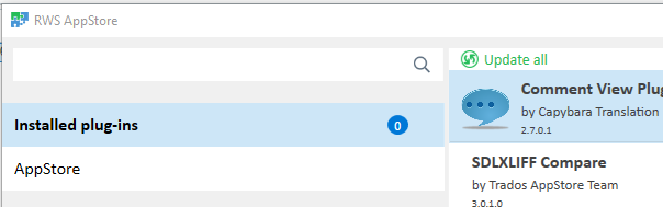 Trados Studio RWS AppStore tab showing 'Installed plug-ins' with a blue '0' indicating all plug-ins are up to date. Two plug-ins listed: 'Comment View Plugin' and 'SDLXLIFF Compare'.