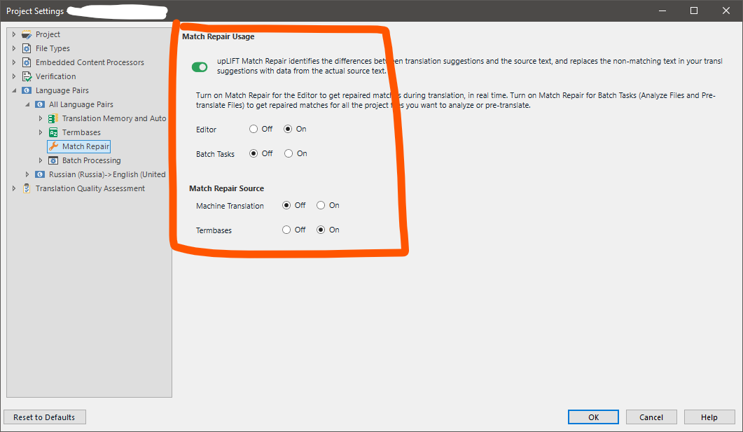 Trados Studio match repair settings window with an error outlined in red showing Batch Tasks set to OFF, which may affect pre-translated results.