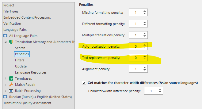 Trados Studio penalties settings window with highlighted text replacement penalty set to 0 and get matches for character-width differences checked.