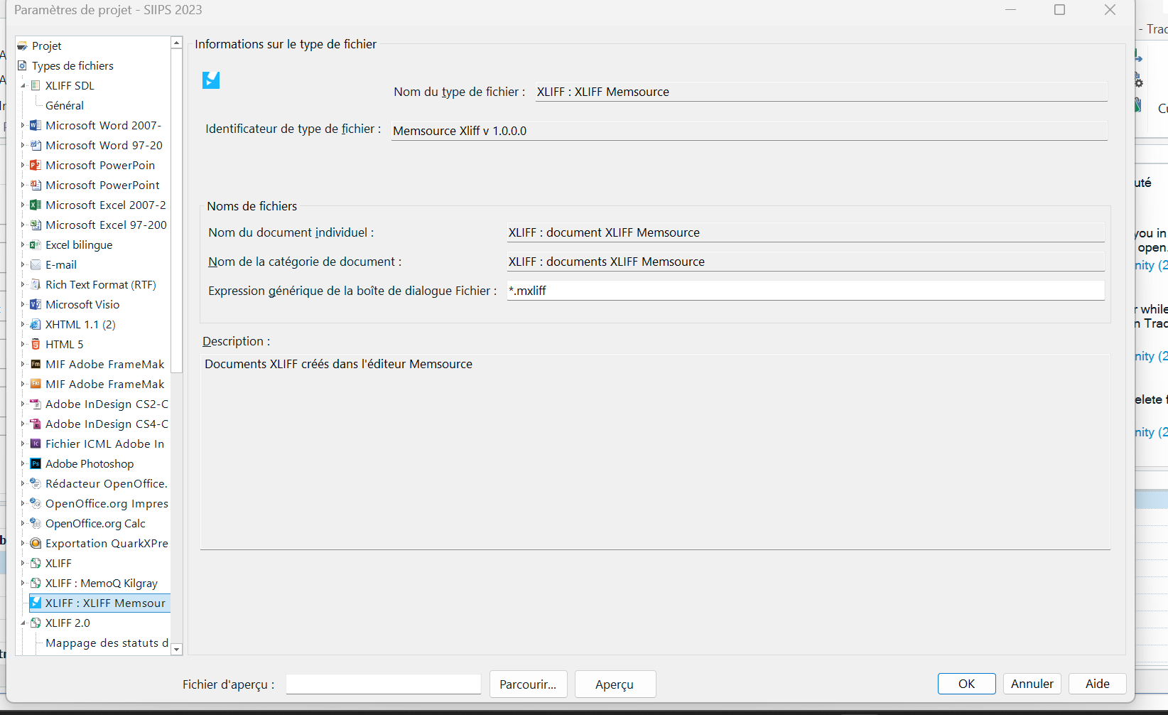 Trados Studio project settings window showing file types with XLIFF SDL selected, displaying file type information including name, identifier, and description.
