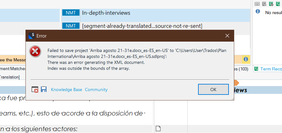 Error message in Trados Studio stating 'Failed to save project' with details about an error generating the XML document and index being outside the bounds of the array.